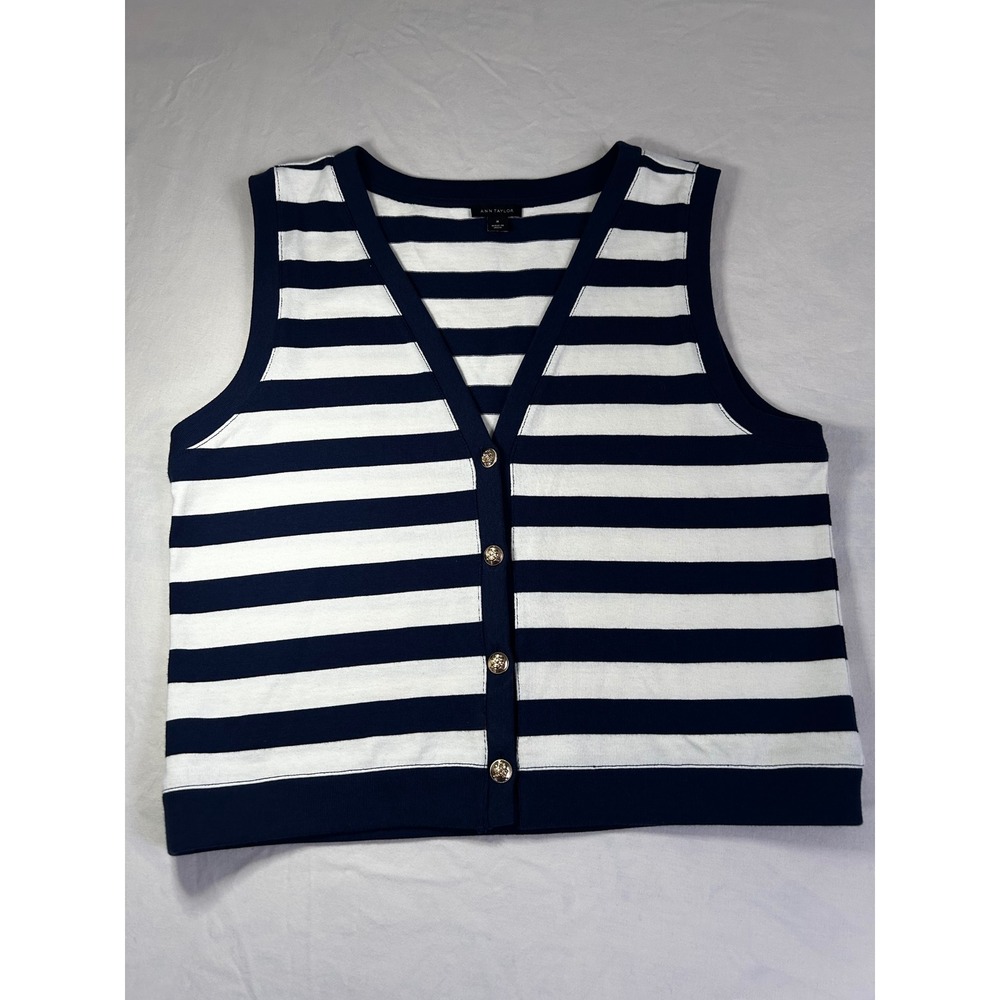 Ann Taylor Navy Blue White Striped Cotton Sweater‎ Vest Gold Crest Buttons M